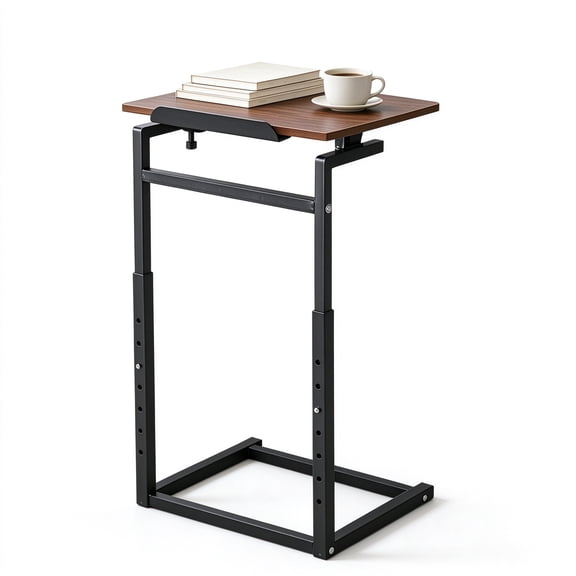 Finew C-Shaped End Table, 8 Level Height Adjustable, 90 Tilt Tabletop with Tablet Slot, Sofa Side Table for Small Spaces, Brown
