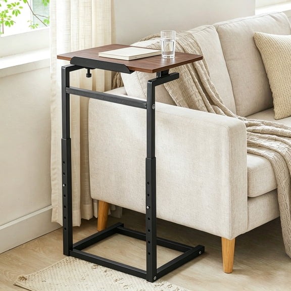 Finew C-Shaped End Table, 8 Level Height Adjustable, 90 Tilt Tabletop with Tablet Slot, Sofa Side Table for Small Spaces, Brown