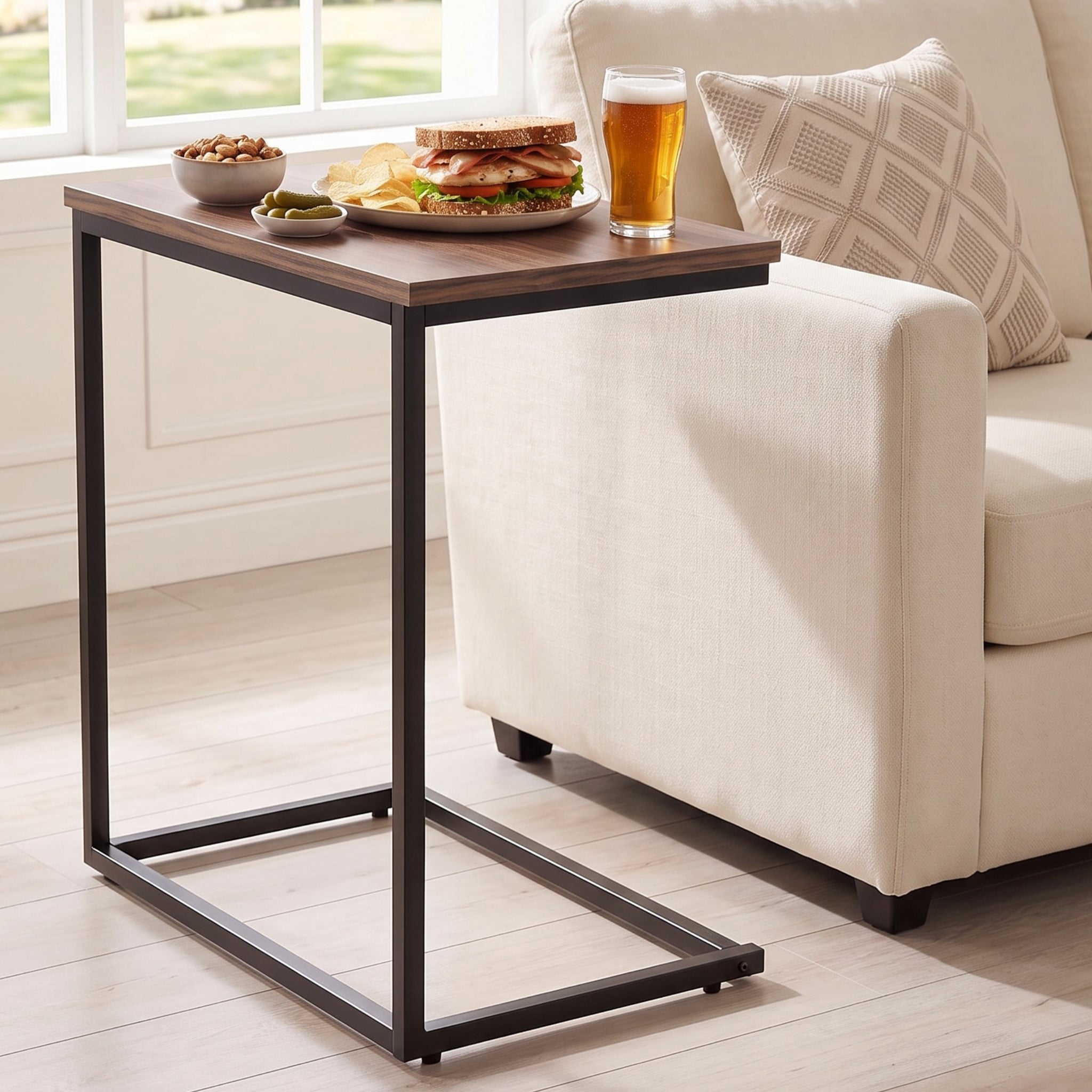 C Shaped End Sofa Table, Vintage Side Couch Table for Living Room, Bedroom, 27"(H) x 19.7"(W) x 12.6"(D), Brown