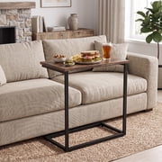 C Shaped End Sofa Table, Vintage Side Couch Table for Living Room, Bedroom, 27H x 19.7W x 12.6D, Brown