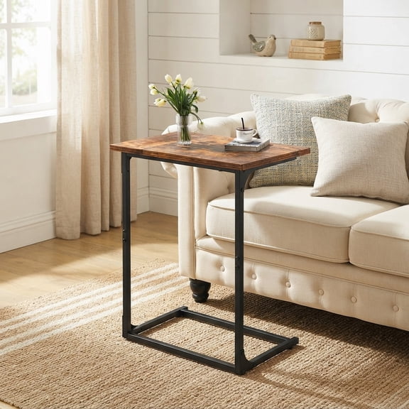 C Shaped End Sofa Table, TV Tray Couch  Side Table for Living Room, Bedroom, With widened tabletop,27"(H) x 21.1"(W) x 11.4"(D), Brown