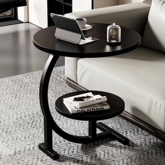C Shaped End Table, 2 Tier Round Sofa Side Table with Storage Shelf, Small Space Saving Bedside Nightstand for Living Room, Bedroom and Couch