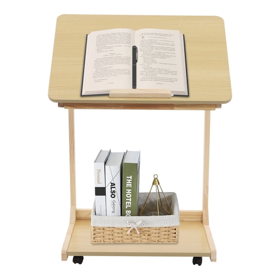 C Shaped End Table, 2 Tiers C Table with Wheels, Couch Table 0-40° Adjustable Angle