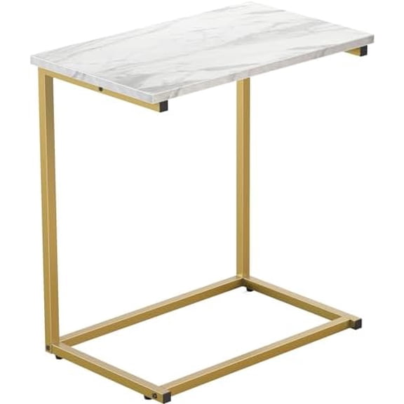 C Shaped End Table 27 inches High, Side Table with Modern Marbling Wood Table Top for Couch Slide Under, C Table Sofa Side End Table for Living Room
