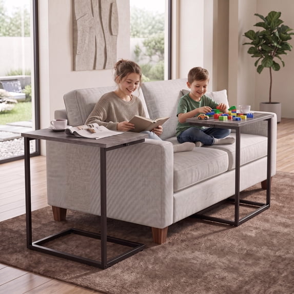 C Shaped End Table 2 PCS,C-Table for sofa,Side Table for Bedroom, Living Room, Home Office,Gray