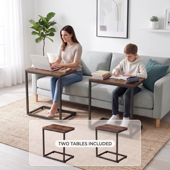 C Shaped End Table 2 PCS, Side Table for Sofa,Modern C-Table for Livingroom,Bedroom,Brown