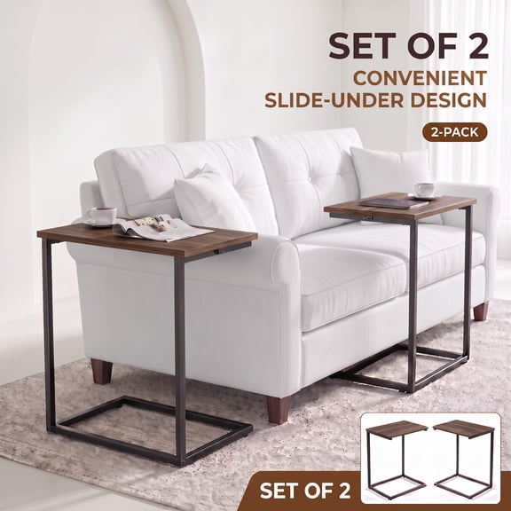 C Shaped End Table 2 PCS, Side Table for Sofa,Modern C-Table for Livingroom,Bedroom,Brown