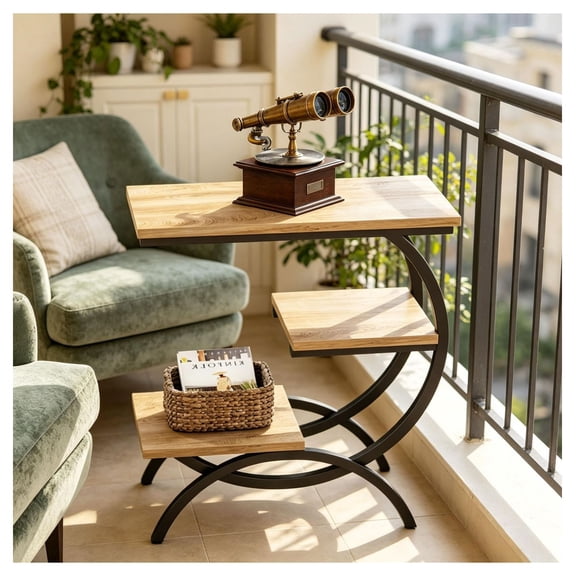 C Shaped End Table 3 Tier Industrial Side Table - Rustic Wood Metal Coffee Table for Small Space - Sofa Caddy Table