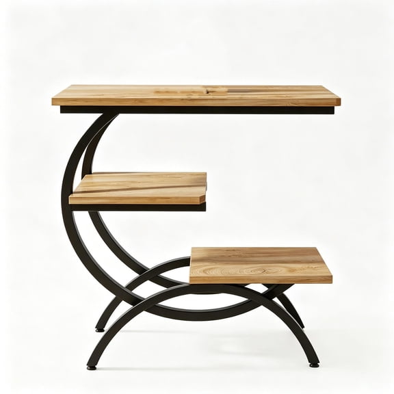 C Shaped End Table 3 Tier, Industrial Side Table for Small Space, Metal Wood Coffee Table, Rustic Sofa Caddy Table
