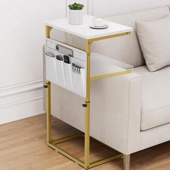 C Shaped End Table, 33'' Tall Side Table for Couch, Adjustable Height Small Couch Side Table for Small Spaces, C Table End Table Slide Under Sofa Table TV Tray Arm Table for Living Room