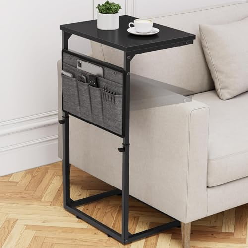 C Shaped End Table, 33'' Tall Side Table for Couch, Adjustable Height Small Couch Side Table for Small Spaces, Couch Table Slide Under Sofa Table TV Tray Table for Living Room Bedroom, Black