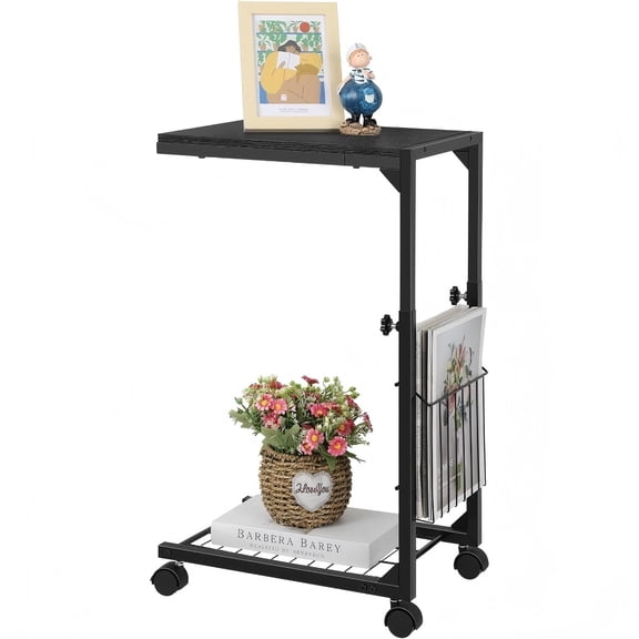 C Shaped End Table Adjustable Height Side Table with Wheels, Slide Under Sofa Bed Table for Small Spaces, Couch Table with Storage Laptop Table for Living Room Bedroom, Black