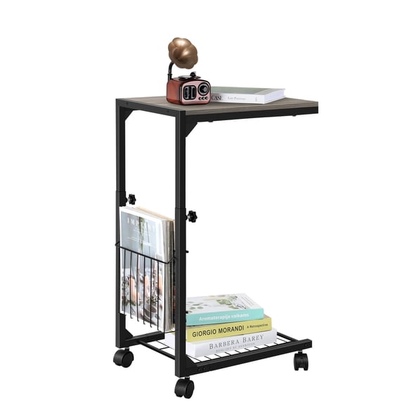 C Shaped End Table Adjustable Height Side Table with Wheels, Slide Under Sofa Bed Table for Small Spaces, Couch Table with Storage Laptop Table for Living Room Bedroom, Grey