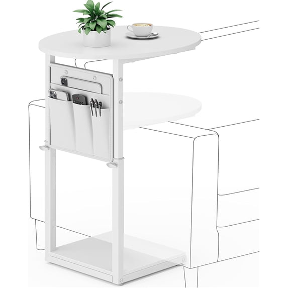 C Shaped End Table, Adjustable Height Small Side Table for Couch and Recliner, 32" Tall Couch Side Table Slide Under Sofa Tray Desk with Storage Bag for Living Room and Bedroom, White