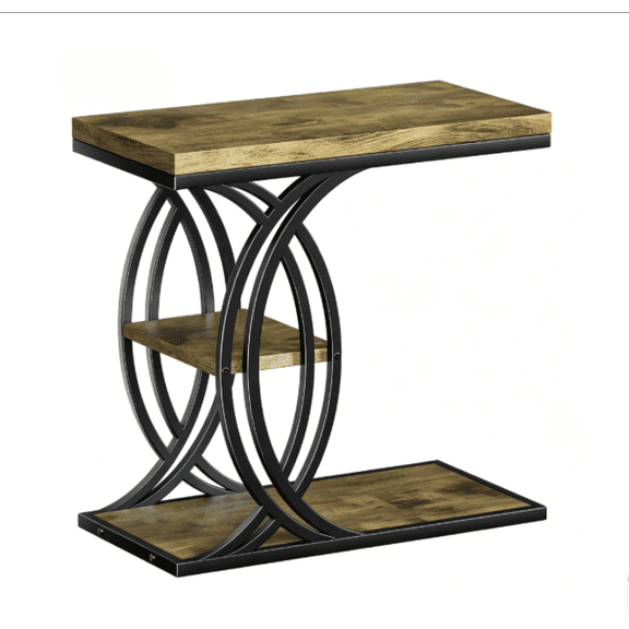 C Shaped Side Table with 3-Tier Storage Shelves, Rustic Wood Top & Black Metal Frame End Table, Multi-Functional Nightstand for Living Room Bedroom