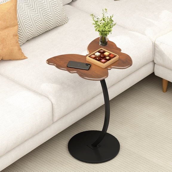 C Shaped End Table - Butterfly Side Table for Couch, Modern Accent Nightstand with Metal Frame Slide Under Sofa and Bed, Drink Table TV Tray Stand for Small Spaces, Living Room, Bedroom (Walnut)