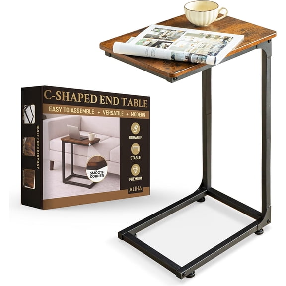 C Shaped End Table | C Table for Sofa with Rounded Corners | Slide Under Couch Side Table | Wood Top Metal Frame | Living Room Bedroom Bedside |