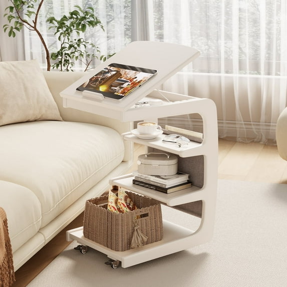 KASLANDI C Shaped End Table, C Shaped Side Table with Wheels and Storage Bag, Small 4-Tier Wooden Couch Table Flip Top for Living Room, Bedroom (White)