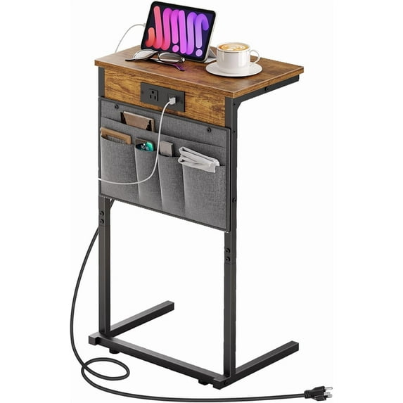 C Shaped End Table with Charging Station, 28" H Couch Side Table Slide Under, Sofa Arm Tray Table with Storage Bag for Living Room, Recliner, Rustic Brown BF70USF01