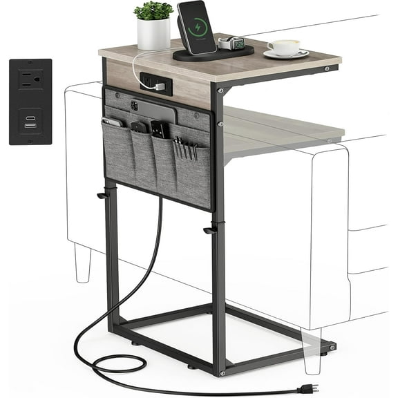 C Shaped End Table with Charging Station, 32"Tall C Table End Table Adjustable Height Side Table for Couch, Sofa Table Slide Under Couch Table TV Tray Arm Table for Living Room, Bedroom, Grey
