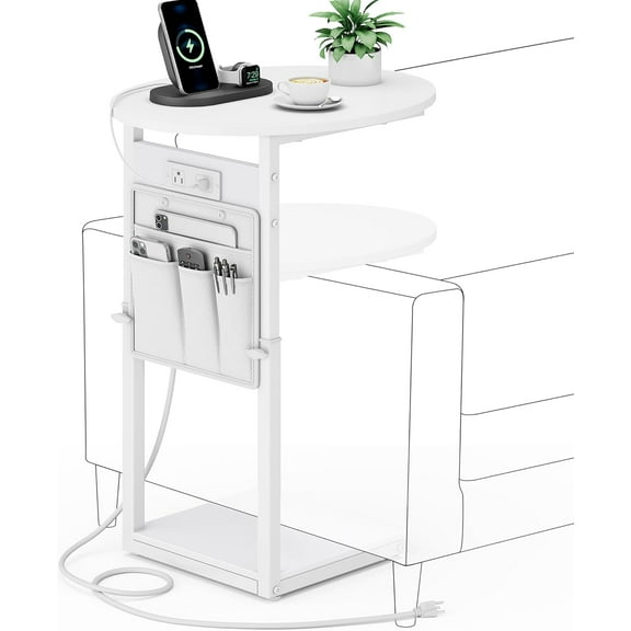 C Shaped End Table with Charging Station  32" Tall Side Table for Couch and Recliner  Adjustable Height Small Couch Side Table Slide Under Sofa TV Tray Table for Living Room  Bedroom