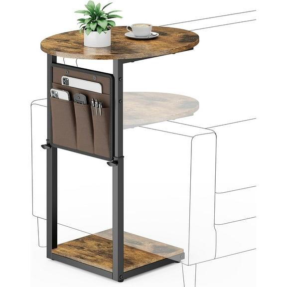 C Shaped End Table with Charging Station, " Tall Side Table for Couch and Recliner, Adjustable Height Small Couch Side Table Slide Under Sofa TV Tray Table for Living Room, Bedroom,