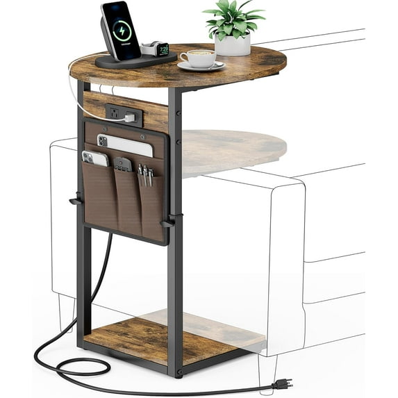 C Shaped End Table with Charging Station, " Tall Side Table for Couch and Recliner, Adjustable Height Small Couch Side Table Slide Under Sofa TV Tray Table for Living Room, Bedroom,