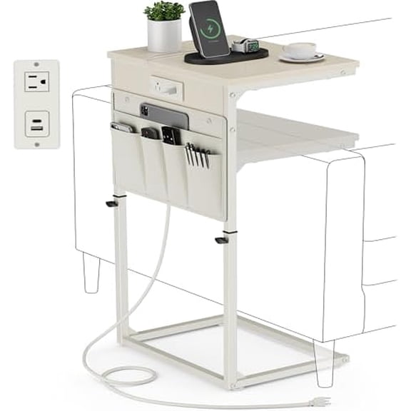C Shaped End Table with Charging Station, 33" Tall Side Table for Couch, C Table Adjustable Height Small Couch Side Table, Slide Under Sofa Table TV Tray Arm Table for Living Room, Cream