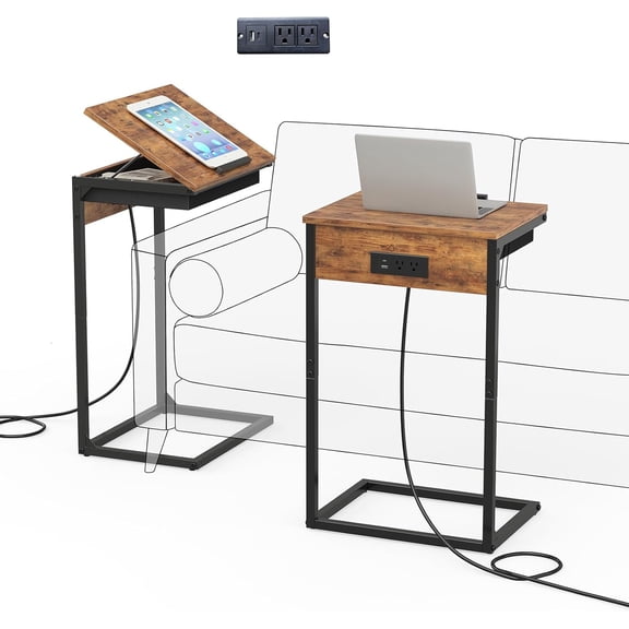 C Shaped End Table with Charging Station,45° Tiltable Adjustable Flip Top Side Table Set of 2,Small C Table Set 2 for Small Spaces,Slide Under Couch Sofa Bedside Table Living Room,Rustic Brown