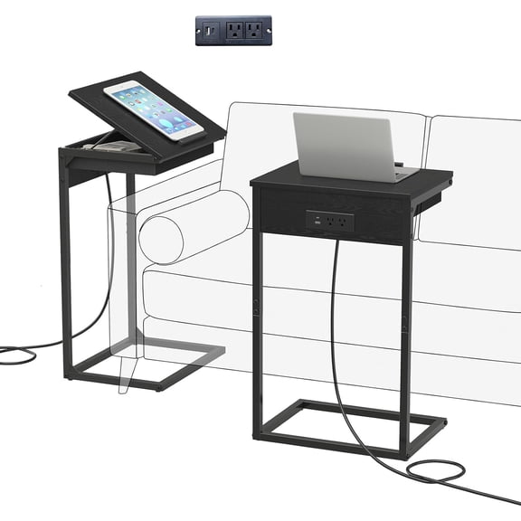 C Shaped End Table with Charging Station,45° Tiltable Adjustable Flip Top Side Table Set of 2,Small C Table Set 2 for Small Spaces,Slide Under Couch Sofa Bedside Table Living Room, Black