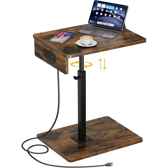 C Shaped End Table with Charging Station, Adjustable Height C Table End Table, 360°Swivel TV Tray Table for Small Spaces, Rounded Corners Couch Table, Side Tables Living Room for Sofa,Chair,Snack,Bed