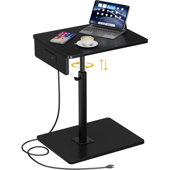 C Shaped End Table with Charging Station, Adjustable Height C Table End Table, 360°Swivel TV Tray Table for Small Spaces, Rounded Corners Couch Table, Side Tables Living Room for Sofa,Chair,Snack,Bed