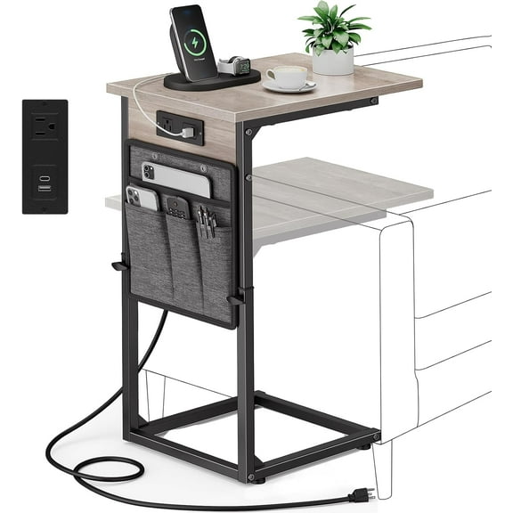 C Shaped End Table with Charging Station, Adjustable Height Side Table for Couch Recliner, Small Sofa Table with Storage Bag, Slide Under Sofa TV Tray Arm Table for Living Room, Bedroom, Gray