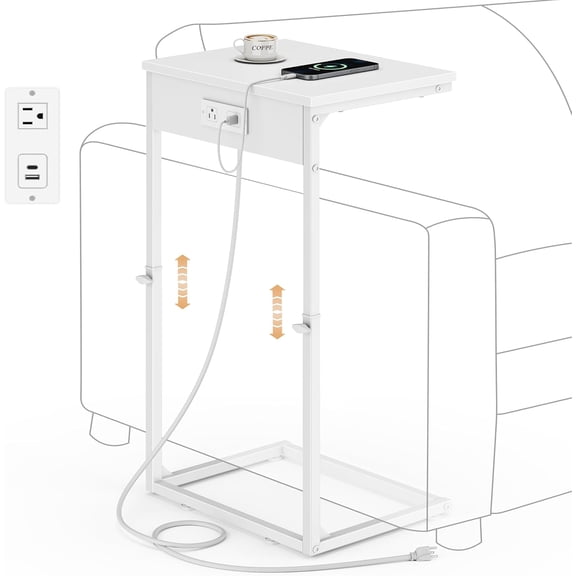C Shaped End Table with Charging Station, Adjustable Height Side Table for Couch, Small End Table Small Spaces, 33.2'' Tall Couch Tables that Slide Under, Tv Tray Table for Living Room, White