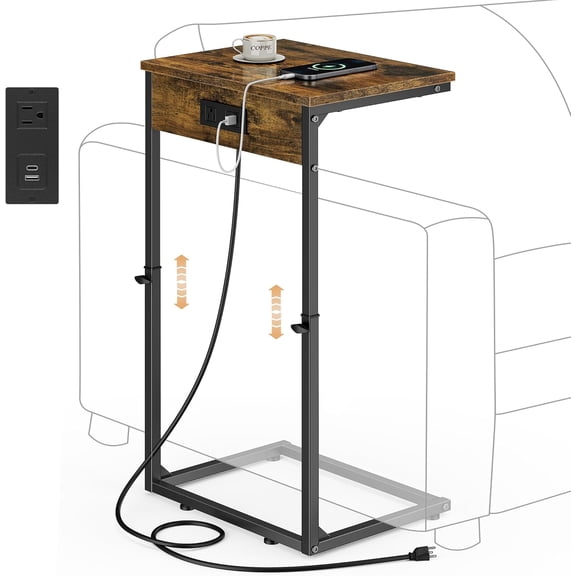 C Shaped End Table with Charging Station, Adjustable Height Side Table for Couch, Small Side Table, 33.2'' Tall Couch Tables that Slide Under, Tv Tray End Table for Living Room, Rustic Brown