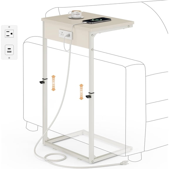 C Shaped End Table with Charging Station, Adjustable Height Side Table for Couch, Small Side Table, 33.2'' Tall Couch Tables that Slide Under, Tv Tray End Table for Living Room, Beige