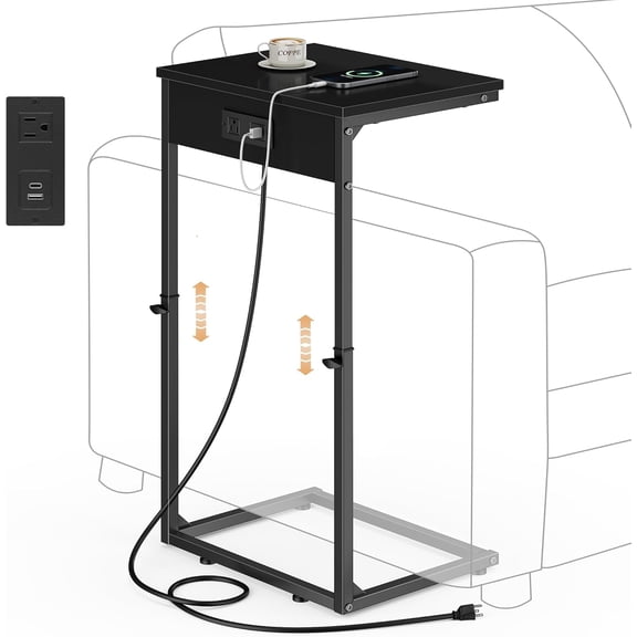 C Shaped End Table with Charging Station, Adjustable Height Side Table for Couch,Small Side Table Small Spaces, 33.2'' Tall Couch Tables that Slide Under, Tv Tray Table for Living Room, Black