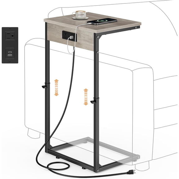 C Shaped End Table with Charging Station, Adjustable Height Side Table for Couch,Small Side Table Small Spaces,33.2'' Tall Couch Tables that Slide Under, Tv Tray Table for Living Room, Greige