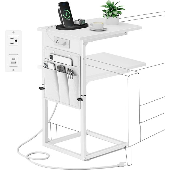 C Shaped End Table with Charging Station, Adjustable Height Side Table for Couch, Small Sofa Table for Small Spaces, Slide Under Sofa Table TV Tray Arm Tables for Living Room, Bedroom, White