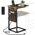 thumbnail image 1 of C Shaped End Table with Charging Station, Adjustable Height Side Table for Couch, Small Sofa Table with Storage Bag, Slide Under Sofa TV Tray Snack Arm Tables for Living Room, Bedroom, Brown, 1 of 9
