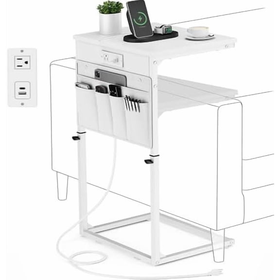 C Shaped End Table with Charging Station, Adjustable Height Side Table for Couch, Sofa Table Laptop Couch Side Tables, Slide Under Sofa TV Tray Arm C Tables for Living Room Bedroom, White