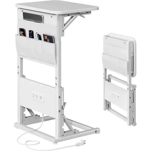C Shaped End Table with Charging Station, Couch Side Table with Storage Bag, Height-Adjustable and Foldable TV Tray with 2 USB Ports and Outlets for Living Room, Bedroom, White