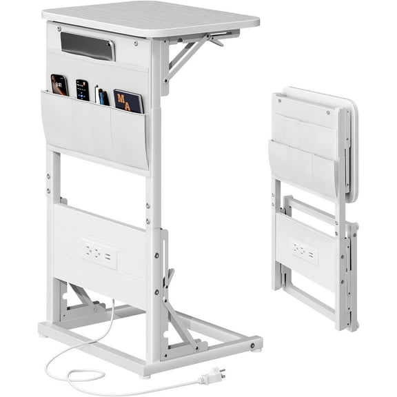 C Shaped End Table with Charging Station, Couch Side Table with Storage Bag, Height-Adjustable and Foldable TV Tray with 2 USB Ports and Outlets for Living Room, Bedroom, White