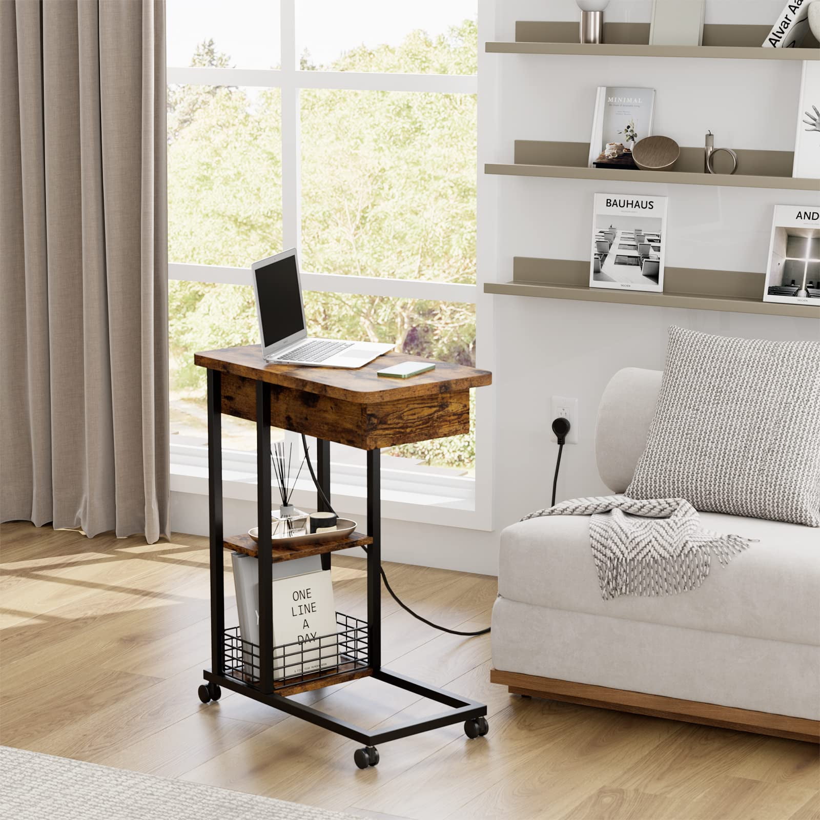 C Shaped End Table with Charging Station, Flip Top Sofa Side Table with ...