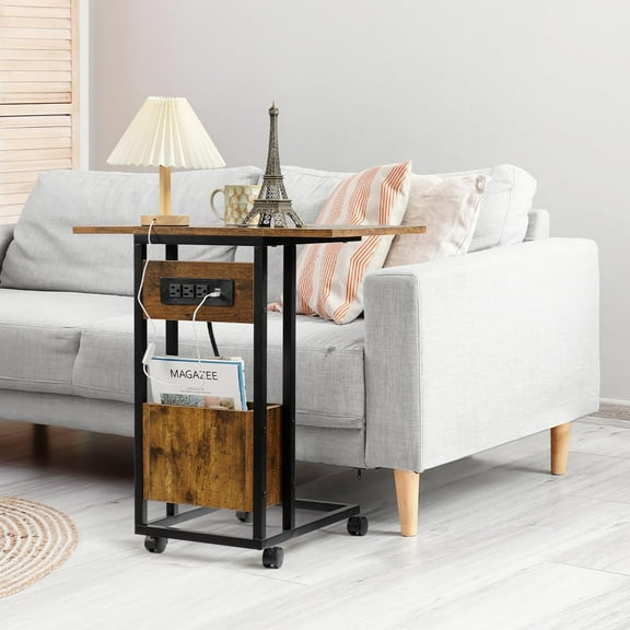 C Shaped End Table with Charging Station & Foldable Top, TV Tray for Sofa with Storage, Rustic Brown