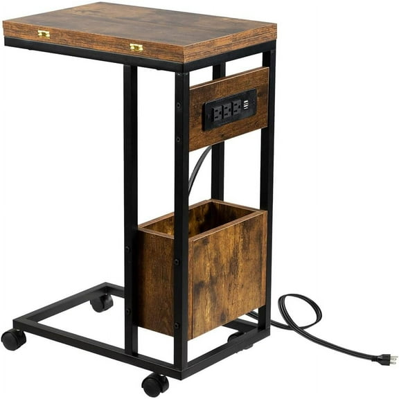 C Shaped End Table with Charging Station & Foldable Tabletop, Folding TV Tray Table with Storage, Rolling TV Trays, C Table for Living Room Bedroom Small Spaces, Rustic Brown