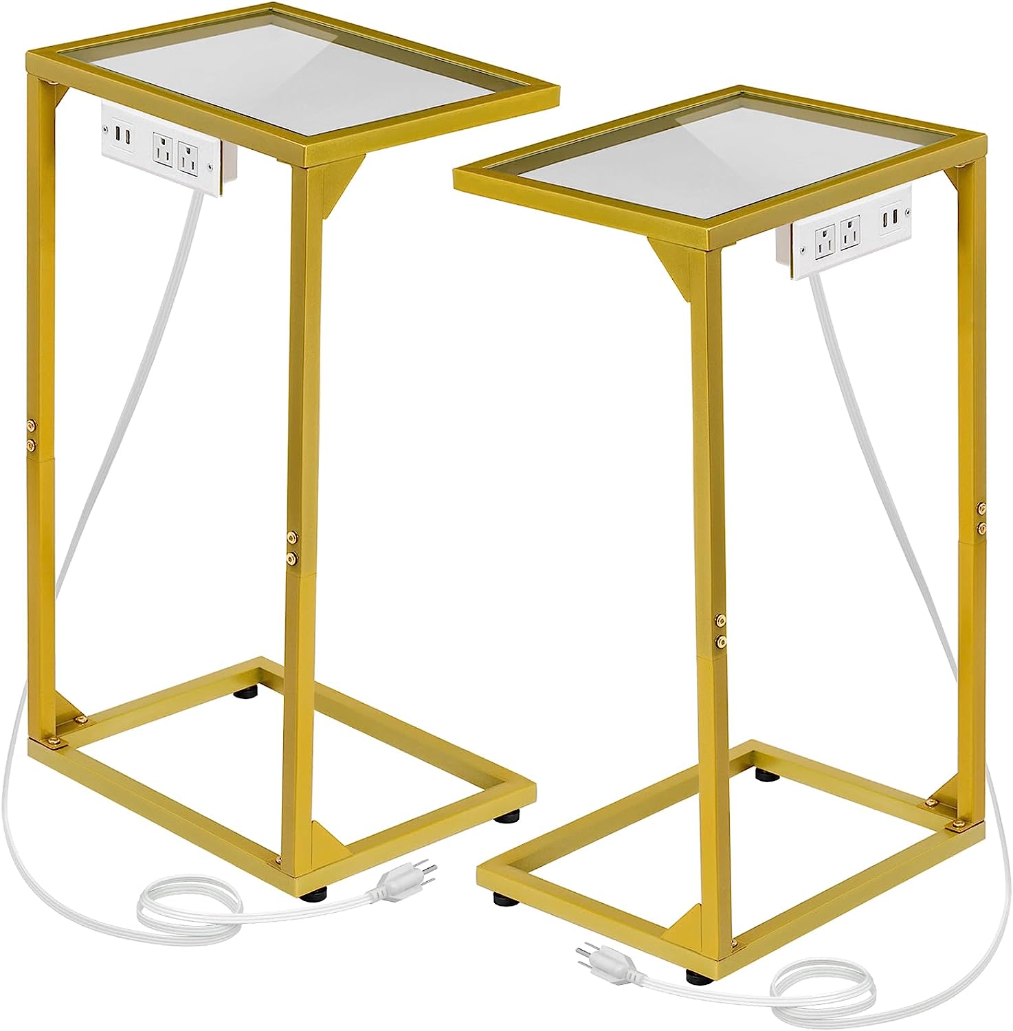 C Shaped End Table with Charging Station, Glass Side Table with USB