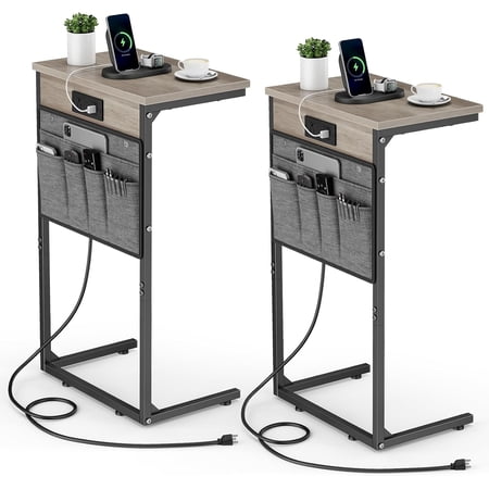 C Shaped End Table with Charging Station, Set of 2, 28" Tall Side Table for Couch, Small Slide Under Sofa Table with Storage Bag for Small Spaces, TV Tray Table Arm Table for Living Room