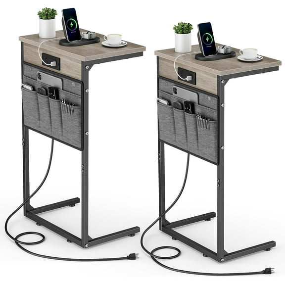 C Shaped End Table with Charging Station, Set of 2, 28" Tall Side Table for Couch, Small Slide Under Sofa Table with Storage Bag for Small Spaces, TV Tray Table Arm Table for Living Room