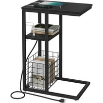 C Shaped End Table with Charging Station, Side Table for Couch, Small Side End Table for Small Spaces, 28" High Slide Under Sofa Table for Coffee, Tv Tray Table for Living Room, Rustic Brown
